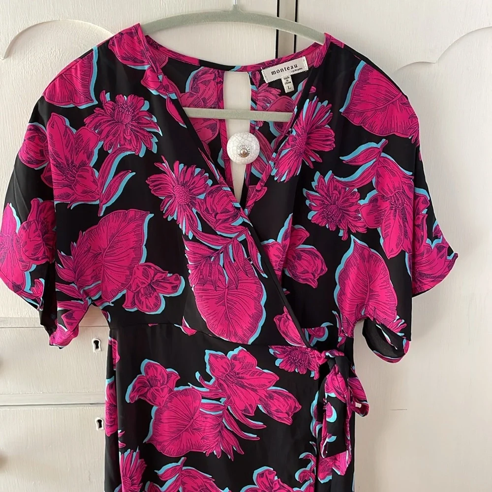 MONTEAU LOS ANGELES Floral Pink and Black Maxi Wrap Dress Large